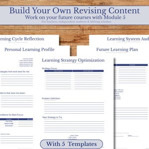 May include: A collection of white paper templates with blue accents, designed for educational content revision. The templates include sections for personal learning profiles, strategy optimization, and future learning plans. The image also includes the text "Build Your Own Revising Content".