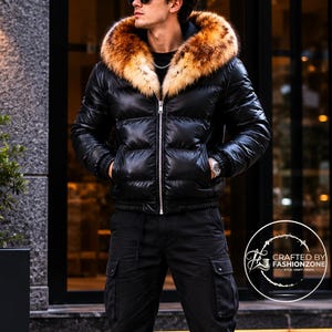 Chaqueta acolchada de cuero para hombre, hecha a mano, con capucha de plumón de pato, para invierno.