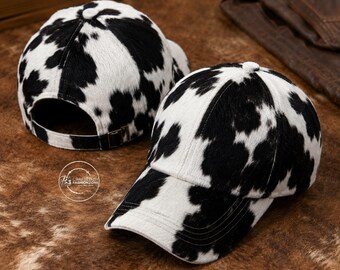 Men’s Statement Cowhide Cap, Black White Western Baseball Hat, Fashion Streetwear Accessory for Men