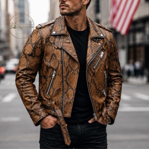 Men's Brown Python Print Leather Biker Jacket, Snakeskin Style Motorcycle Belted Waist