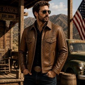 May include: Brown snakeskin-patterned leather jacket with two chest pockets and a button closure. The jacket is worn with a black shirt and blue jeans. A decorative belt buckle is visible. The background includes a wooden structure, mountains, and an American flag.