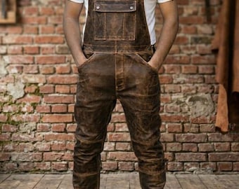 Men’s Leather Overalls Brown – Handmade Distressed Workwear Dungarees