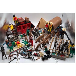 May include: A collection of Playmobil toy figures and accessories, including a red stagecoach, horses, cowboys, a teepee, and a covered wagon. The set features various figures in cowboy attire and other themed items.