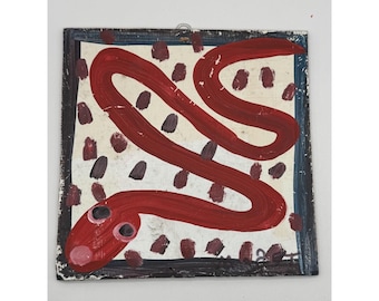 Original Mose Tolliver T Red Snake Folk Art Soda Can Tab Hanger 9.5" x 9.5" Read