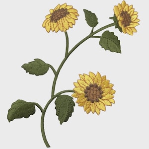 May include: Embroidered sunflower design featuring three yellow sunflowers with brown centers and green leaves. The sunflowers are on a green stem. The design is on a white background.