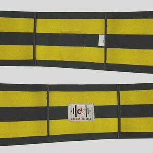 May include: Two yellow and black striped resistance bands. The bands have a rectangular shape with a label that reads "Dragon Fitness". The bands are designed for fitness and strength training.