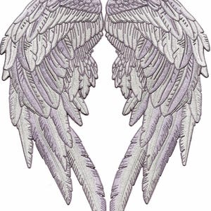 May include: A pair of embroidered angel wings in shades of white and lavender. The wings are symmetrical, with detailed feather patterns and a textured appearance. The design is set against a plain white background.