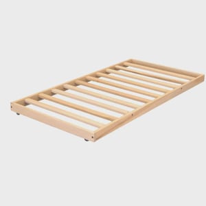 May include: A light-colored wooden bed frame with a slatted design. The frame is rectangular and features multiple evenly spaced wooden slats. The frame is designed to support a mattress and has small wheels on the bottom.