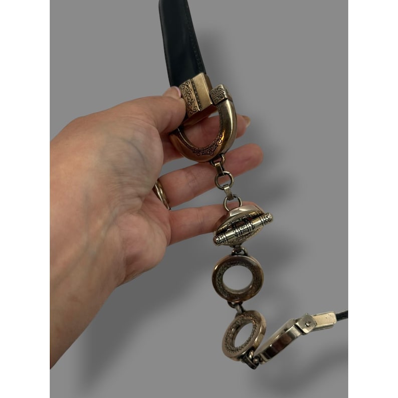 Vintage Brighton Black Leather Toggle Belt Silver Horseshoe Chain M image 8