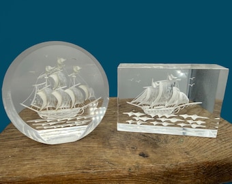 Vintage Reverse Carved Lucite Ship Paperweights - Set of 2 | Mid-Century Nautical Acrylic Art Sculpture | Intaglio Clipper Ship Desk Decor