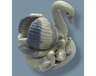 Vintage Ceramic Swan with Cygnets Figurine White and Blue Porcelain