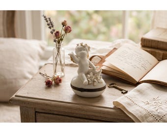 Vintage Porcelain Cherub Trinket Box Hinged Egg Angel Figurine White Gold Trim