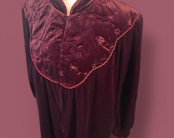 Vintage Cranberry / Wein Halb-Zip Velour Robe Hausmantel Kleid SIEHE MAßE