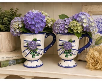 Vintage Bella Casa by Ganz Purple Hydrangea Pedestal Mugs-Set of 2
