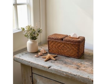 Vintage Woven Wicker Dual Compartment Tissue Box Cover and Storage Basket Brown