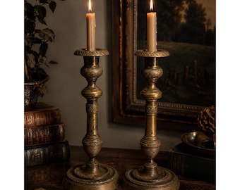 Vintage Brass Pricket Candlesticks Set of 2 Ornate Embossed Candle Holders 10.5"