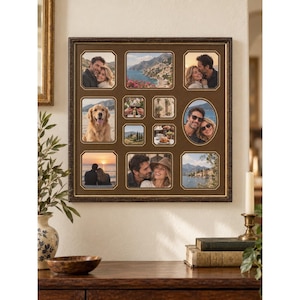 May include: A square multi-opening collage picture frame with a dark brown finish and gold inner trim. The frame features eleven varied openings, including rectangular, square, and oval shapes, displaying assorted photographs of people, a dog, and scenery.