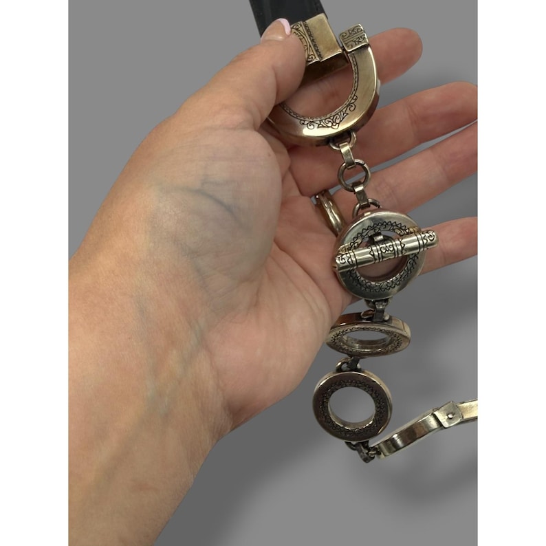 Vintage Brighton Black Leather Toggle Belt Silver Horseshoe Chain M image 7