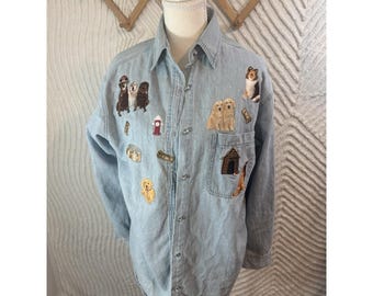 VTG Damen Blau Jeanshemd Langarm Hund Stickerei Taschen funkelnden Tasten