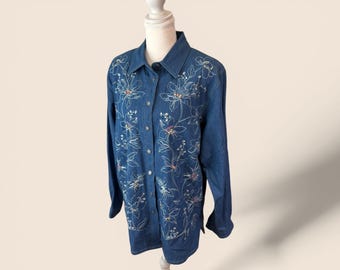 Vintage Koret City Blues Denim Shirt – Intricate Floral Embroidery & Beading – Boho Coastal Grandma