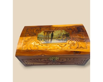 Vintage Hand Carved Cedar Wood Jewelry Box Landscape Scene Mirror Keepsake Chest