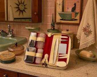 Vintage Leather Travel Grooming Kit Cream Red Mid Century 10 Piece Set
