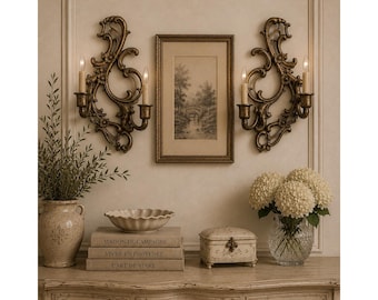 Vintage Sexton Gold Cast Metal Wall Sconces Hollywood Regency Floral Pair 13"