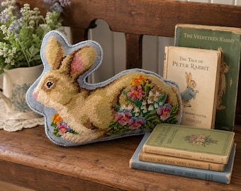 Lillian Vernon Vintage 1990's Needlepoint Bunny Rabbit Floral Pillow Blue Velvet