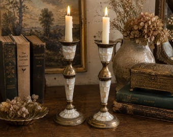 Vintage Brass and Mother of Pearl Candlestick Holders Set of 2 Mosaic Shell 8.5"