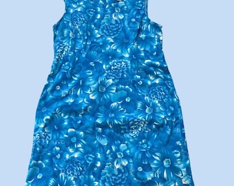 Vintage Blue Floral Sleeveless Shift Dress Cotton Blend Size 16 Summer Tropical