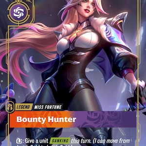 Puede incluir: Carta de fantasía que presenta a una mujer con un body negro y morado con una diadema de orejas de conejo. La carta dice "LEGEND MISS FORTUNE Bounty Hunter" con instrucciones del juego. La obra de arte tiene un estilo anime futurista.