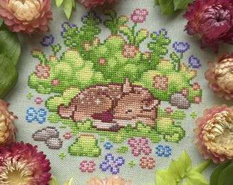 Sleeping Fawn in Nature Cross Stitch Pattern PDF
