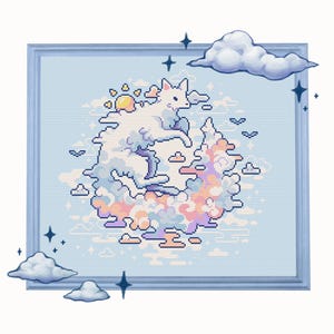 以下が含まれることがあります： 白いキツネが雲を飛び越える様子を描いた、額入りのクロスステッチアート。雲はパステルカラーと小さな太陽に囲まれています。フレームは水色で、雲と星のアクセントが追加されています。