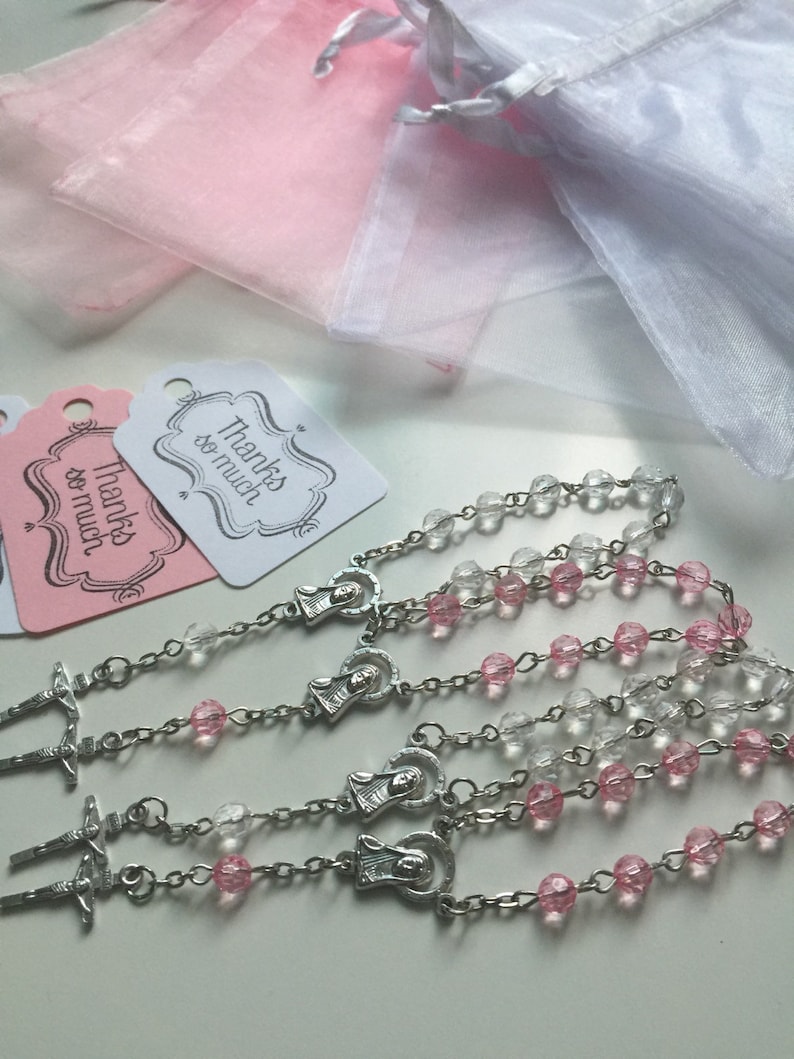 80 wedding favors,baptism favors 80 pcs Organza bags 4 x 6 white and pink bag 80 white and pink rosaries favor and 80 white and pink tags