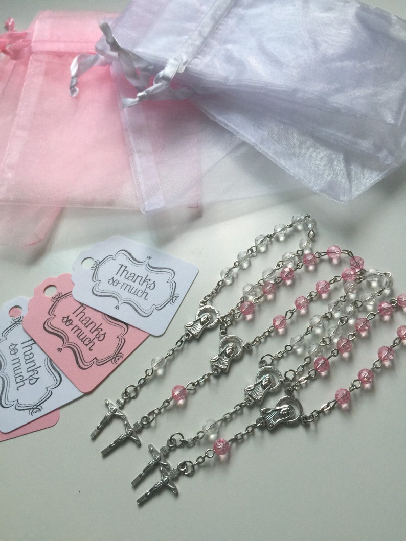 80 wedding favors,baptism favors 80 pcs Organza bags 4 x 6 white and pink bag 80 white and pink rosaries favor and 80 white and pink tags