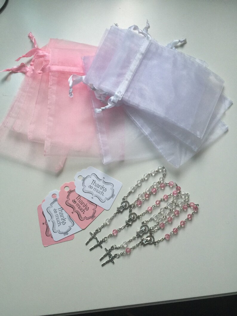 80 wedding favors,baptism favors 80 pcs Organza bags 4 x 6 white and pink bag 80 white and pink rosaries favor and 80 white and pink tags