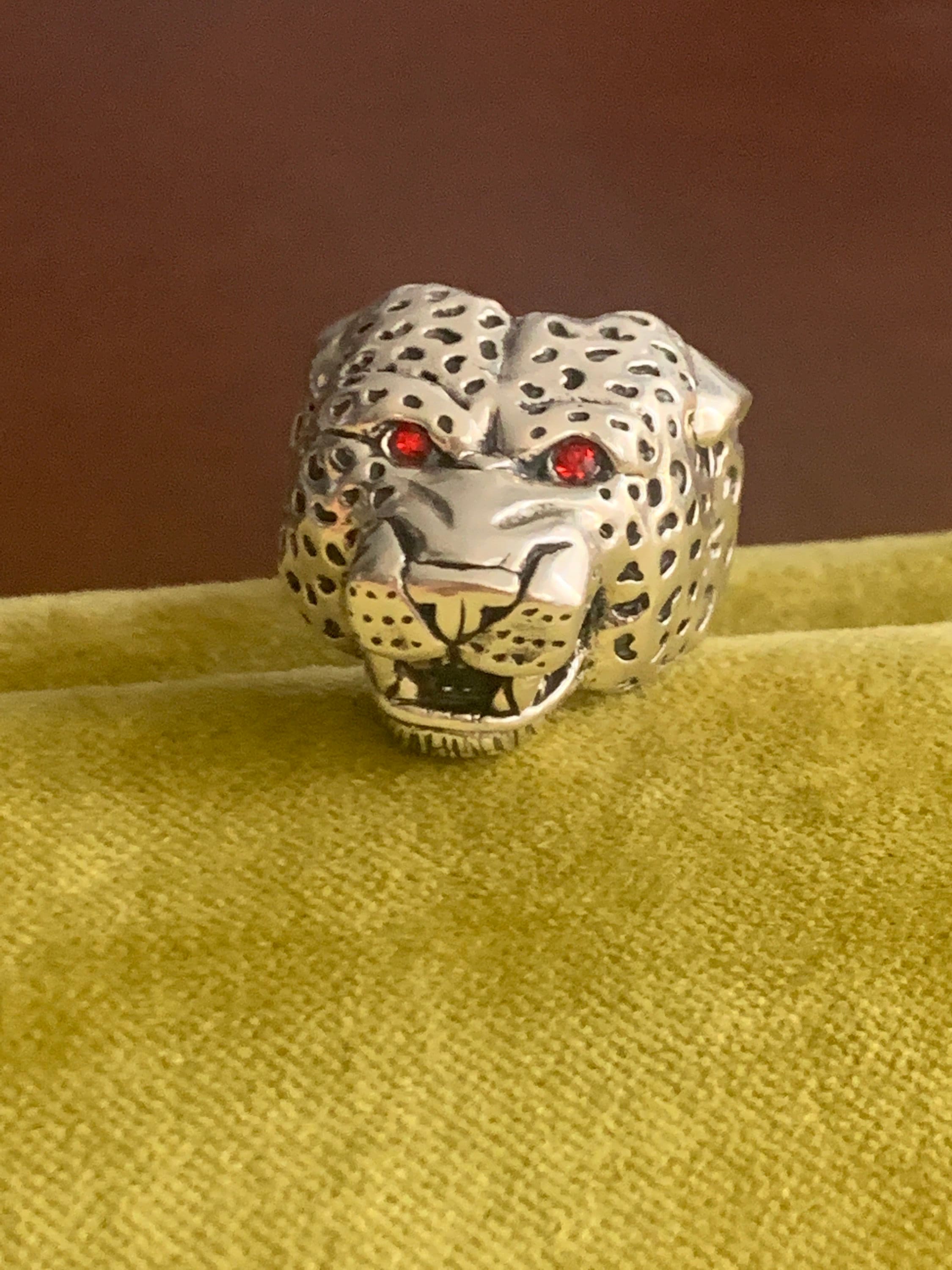 Sterling silver 925 Jaguar  ring, red zircon Ring, Sterling silver big ring. 925 sterling silver