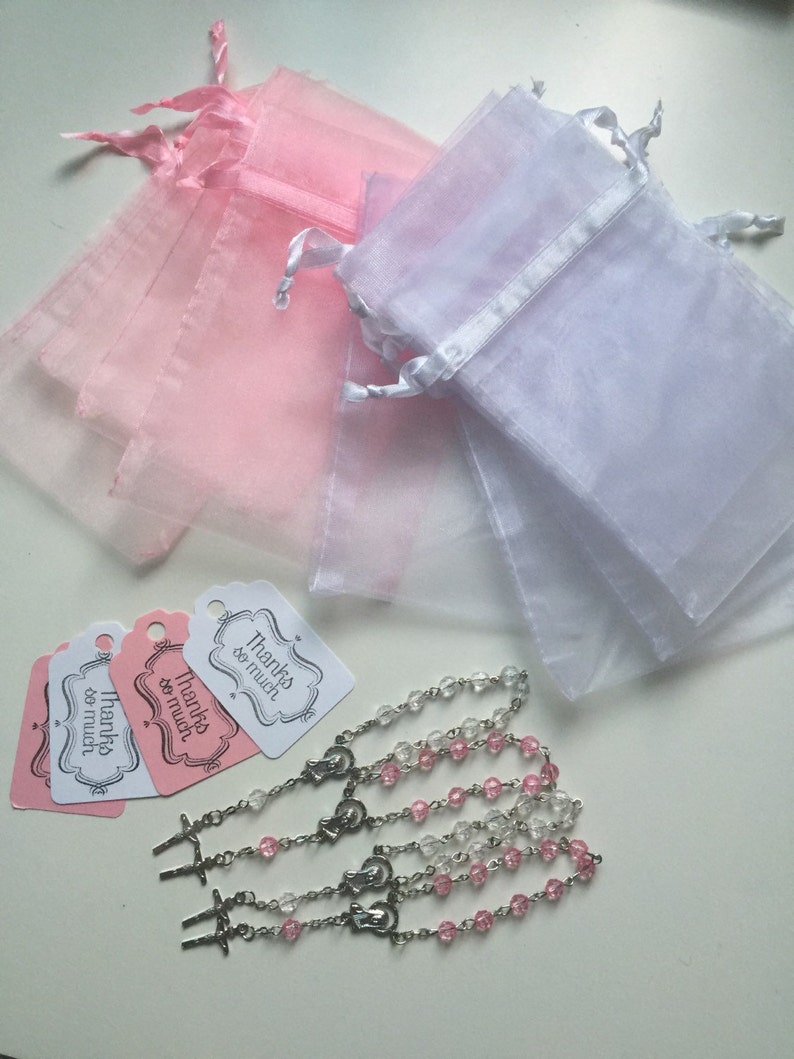 80 wedding favors,baptism favors 80 pcs Organza bags 4 x 6 white and pink bag 80 white and pink rosaries favor and 80 white and pink tags