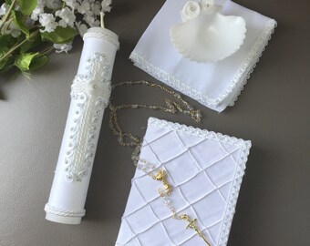 Baptism candle set, baptism ceremony set, baptism rosariy, religious candle, vela para Bautizo, Christening candle