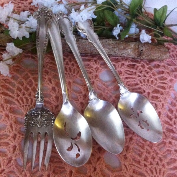 Lot of 4 Mixed  Spoons and Antique Fork/ DEEP SILVER  spoons / 1847 Rogers Bros Fork /Holmes & Edward spoons