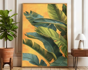 Modern Leaf Wall Art Poster - Sunset Orange & Yellow  - Botanical Living Room Decor