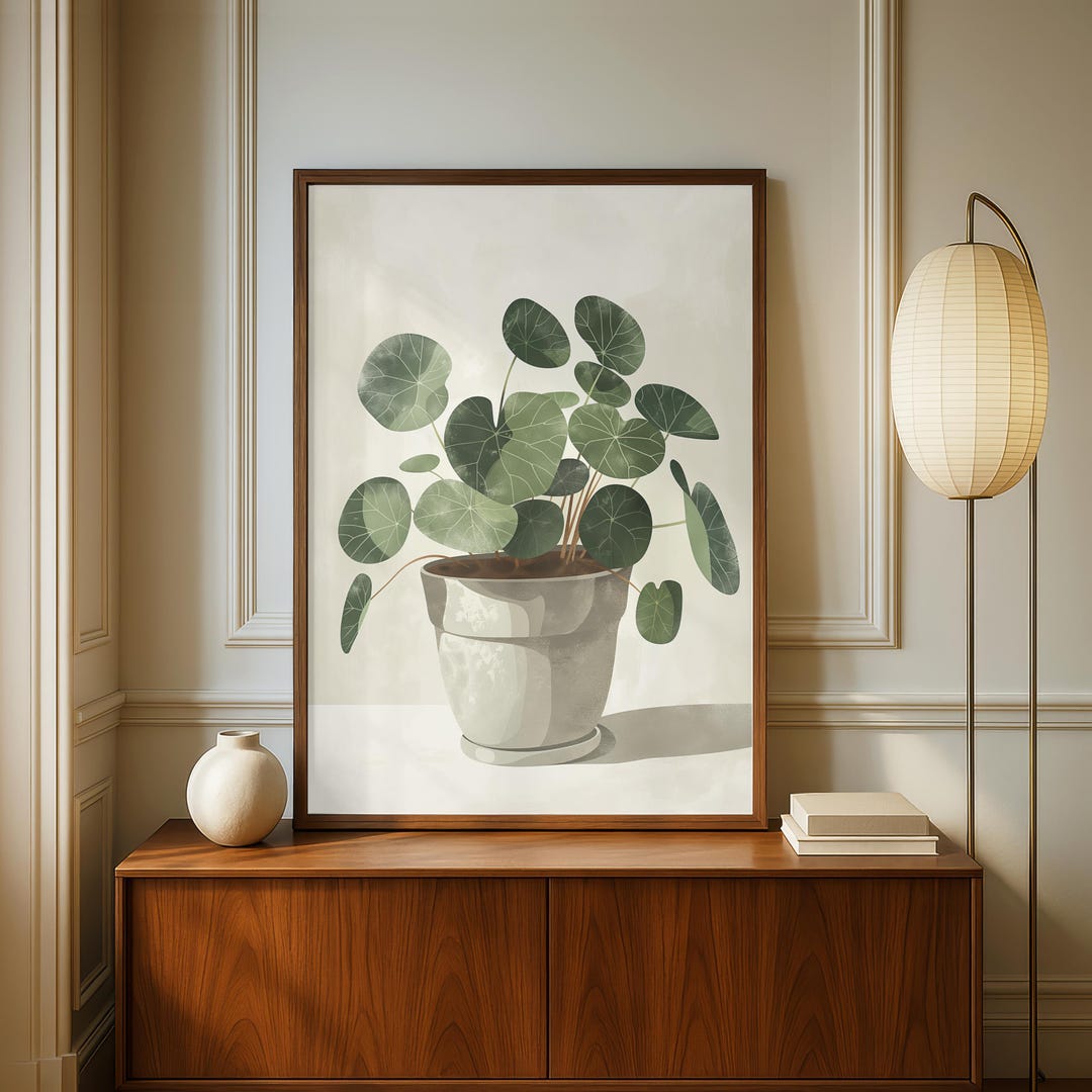 Green Plant Wall Art - Pilea Botanical Print - Minimalist Neutral ...