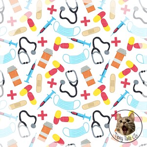 May include: A repeating pattern of medical supplies on a white background. The design includes red plus signs, stethoscopes, syringes, pills, bandages, medicine bottles, and blue face masks. A cat logo is in the bottom right corner.