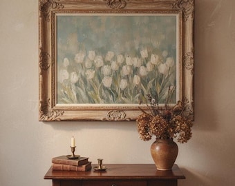 Vintage tulpan - tryck | Vit blommig vårmålning | Botanisk trädgårdsdekoration i lantlig stil | Utskrivbar väggkonst i fransk lantlig stil