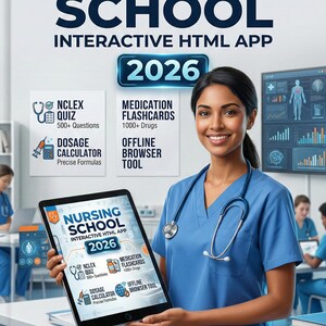May include: A smiling woman in blue scrubs holds a tablet displaying "NURSING SCHOOL INTERACTIVE HTML APP 2026." The app features NCLEX quiz, medication flashcards, dosage calculator, and offline browser tool. The image also includes the text "AUTO-SAVE PROGRESS | NO INTERNET REQUIRED | STUDY ANYWHERE."