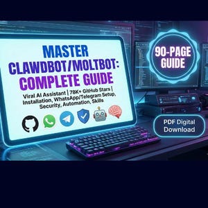 May include: A digital guide titled "Master Clawdbot/Moltbot: Complete Guide" is displayed on a tablet. The guide covers topics like AI assistance, Telegram setup, security, and automation. A keyboard and computer monitors are in the background.