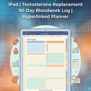 Op de afbeelding: Een digitale tablet met een "TRT Tracker"-dagboek met een 90-daagse bloedonderzoekslog. Het dagboek is invulbaar en hyperlinked, ontworpen voor testosteronvervangingstherapie. De afbeelding bevat pictogrammen en tekst: "Fillable PDF" en "Hyperlinked".