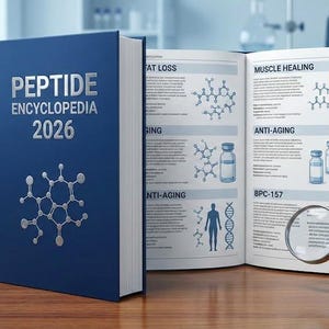 Könnte beinhalten: Ein blaues Buch mit dem Titel "PEPTIDE ENCYCLOPEDIA 2026" mit einer Grafik der Molekularstruktur. Das Buch ist aufgeschlagen und zeigt Seiten mit Diagrammen und Text zu Fettabbau, Muskelheilung und Anti-Aging. Eine Lupe liegt auf den offenen Seiten.