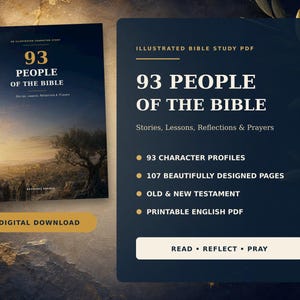 Pode incluir: Um download digital de um PDF de estudo bíblico ilustrado intitulado 93 People of the Bible: Stories, Lessons, Reflections & Prayers. O documento inclui 93 perfis de personagens, 107 páginas e cobre o Antigo e o Novo Testamento.