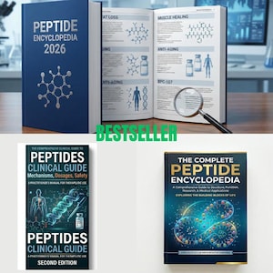 May include: Image of several books on peptides. One is open, displaying diagrams and text about muscle healing and anti-aging. The cover of the main book reads "PEPTIDE ENCYCLOPEDIA 2026". Other books include "PEPTIDES CLINICAL GUIDE" and "THE COMPLETE PEPTIDE ENCYCLOPEDIA".